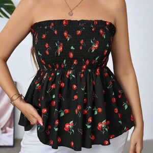 Retro rockabilly Cherry Print Black Strapless Top
